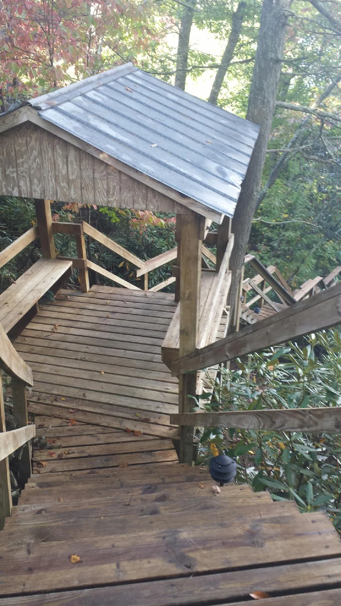 Metal roofed shelter over wooden steps on a wooded walkway — Skylight Repair & Installation work by our crew in Penrose